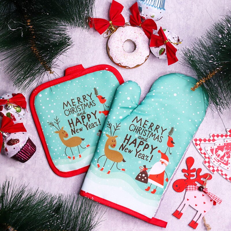 Kitchen Baking Gloves - 2pcs/set Christmas Oven Mitts and Pot